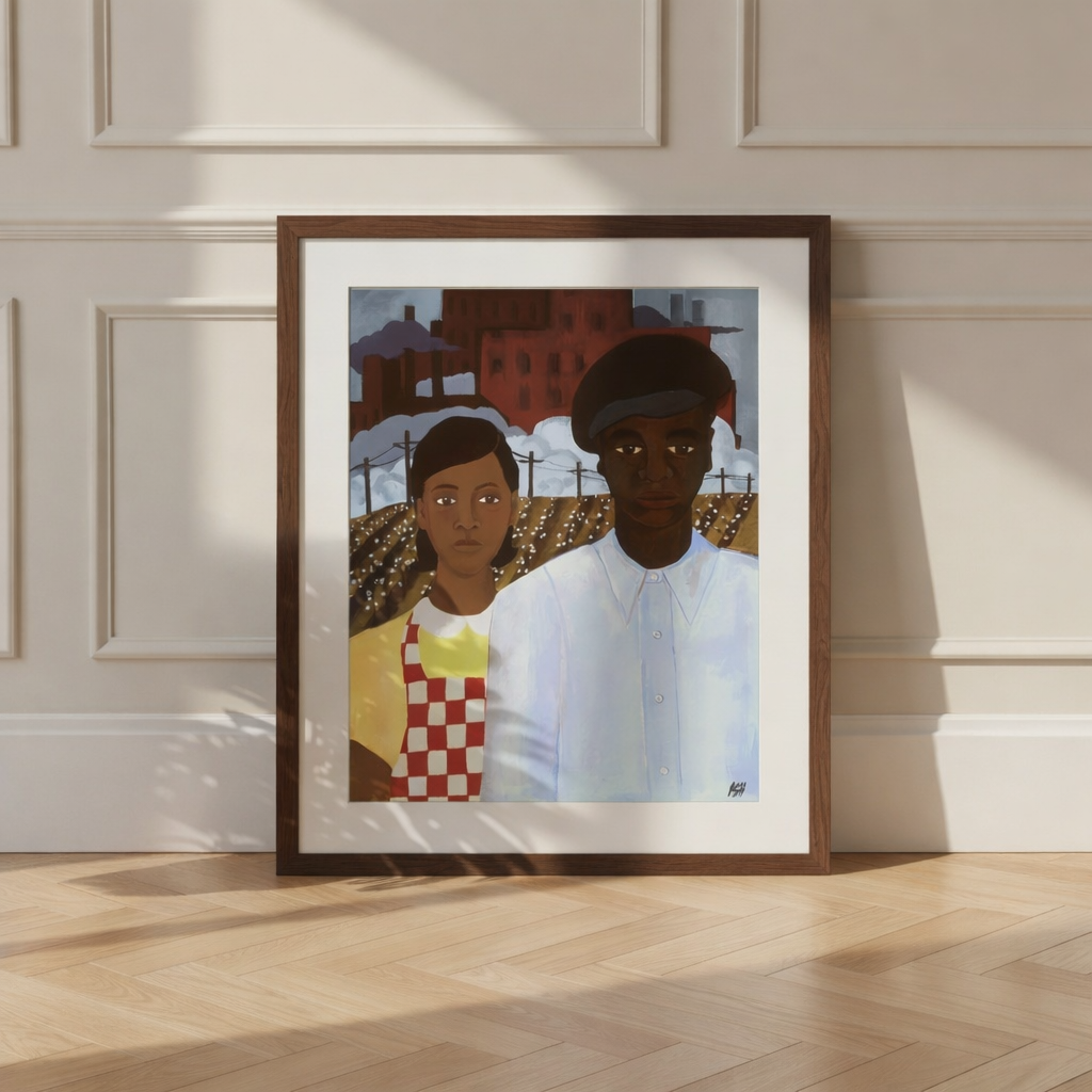 American Gothic Revisited framed giclee print — styled interior scene, Black couple heritage art