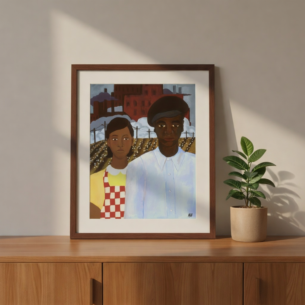 American Gothic Revisited framed giclee print styled with a potted plant — Black couple heritage art