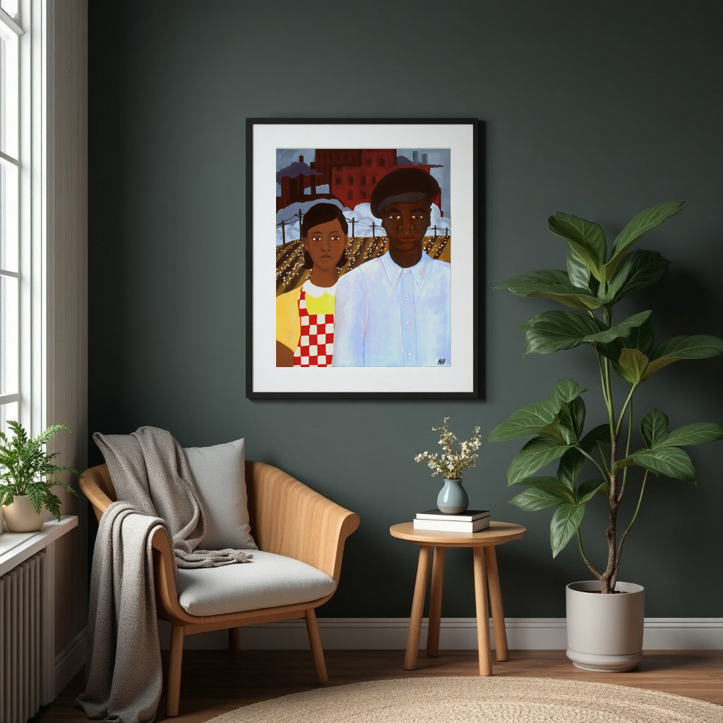 Acrylic painting showing an African American man and woman in frontal pose against an urban backdrop with red brick buildings and smokestacks. The woman wears a yellow top with red and white checkered pattern, the man wears a white collared shirt and black cap. Cotton fields stretch behind them with fence posts.