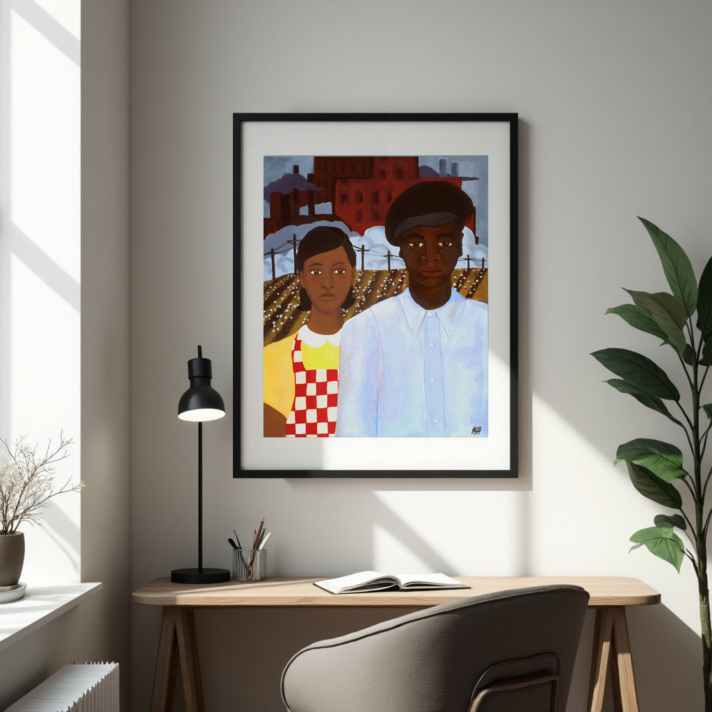 American Gothic Revisited fine art print by Antionette Simmons Hodges featuring African American couple in dignified frontal pose. Urban industrial setting with red buildings and factories replaces original farmhouse. Woman in vibrant yellow dress with red checkered pattern, man in crisp white shirt and cap. Cotton field symbolism references African American history.