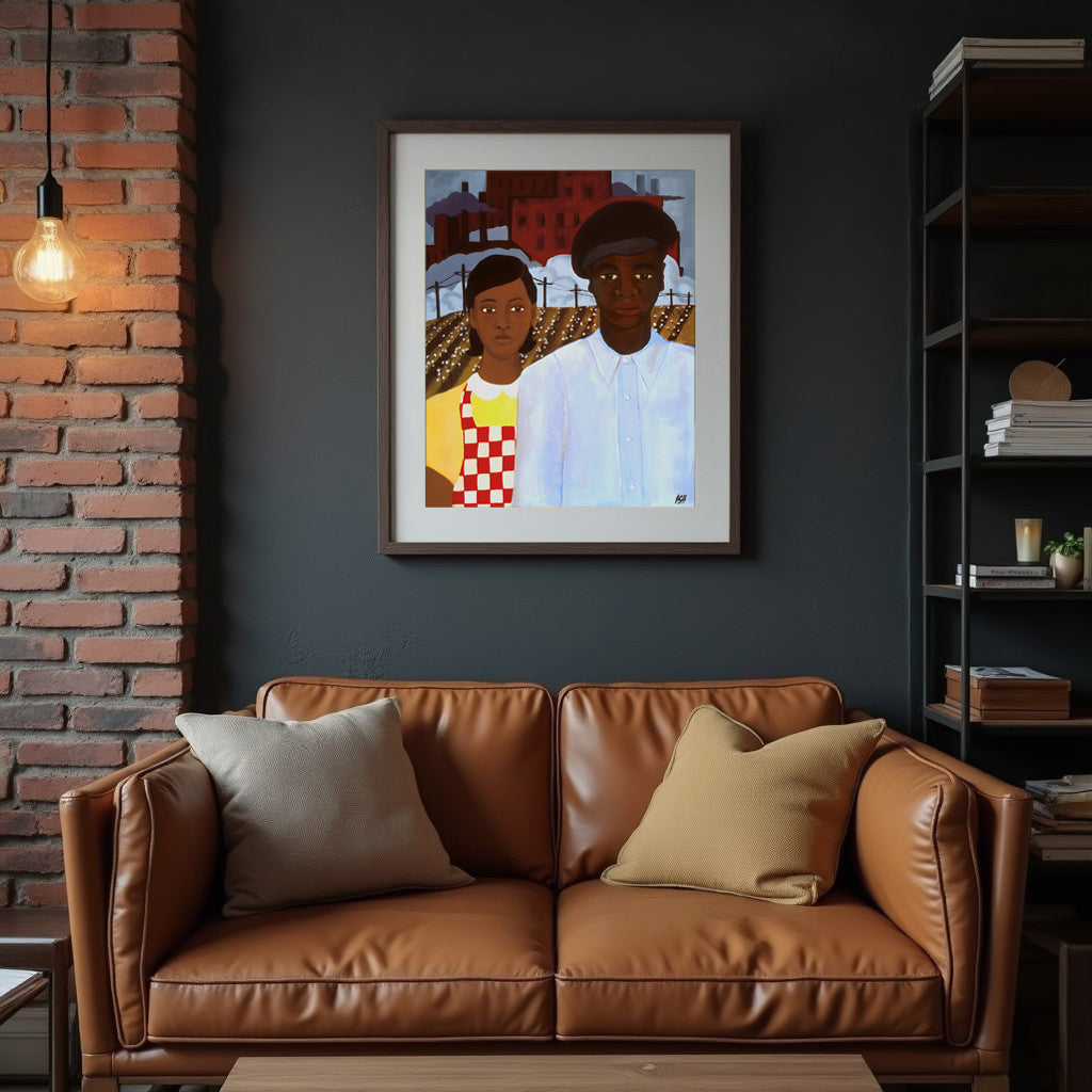 Brown leather sofa in a room with a dark wall, framed artwork: American Gothic Revisited by Antionette Simmons Hodges - African American couple standing before industrial urban landscape with cotton fields, and a brick wall.