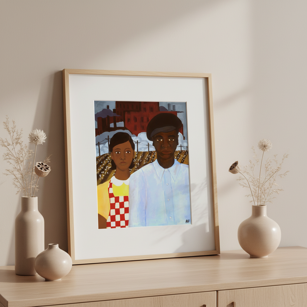 American Gothic Revisited giclee print in minimalist tabletop styling — Black couple heritage art