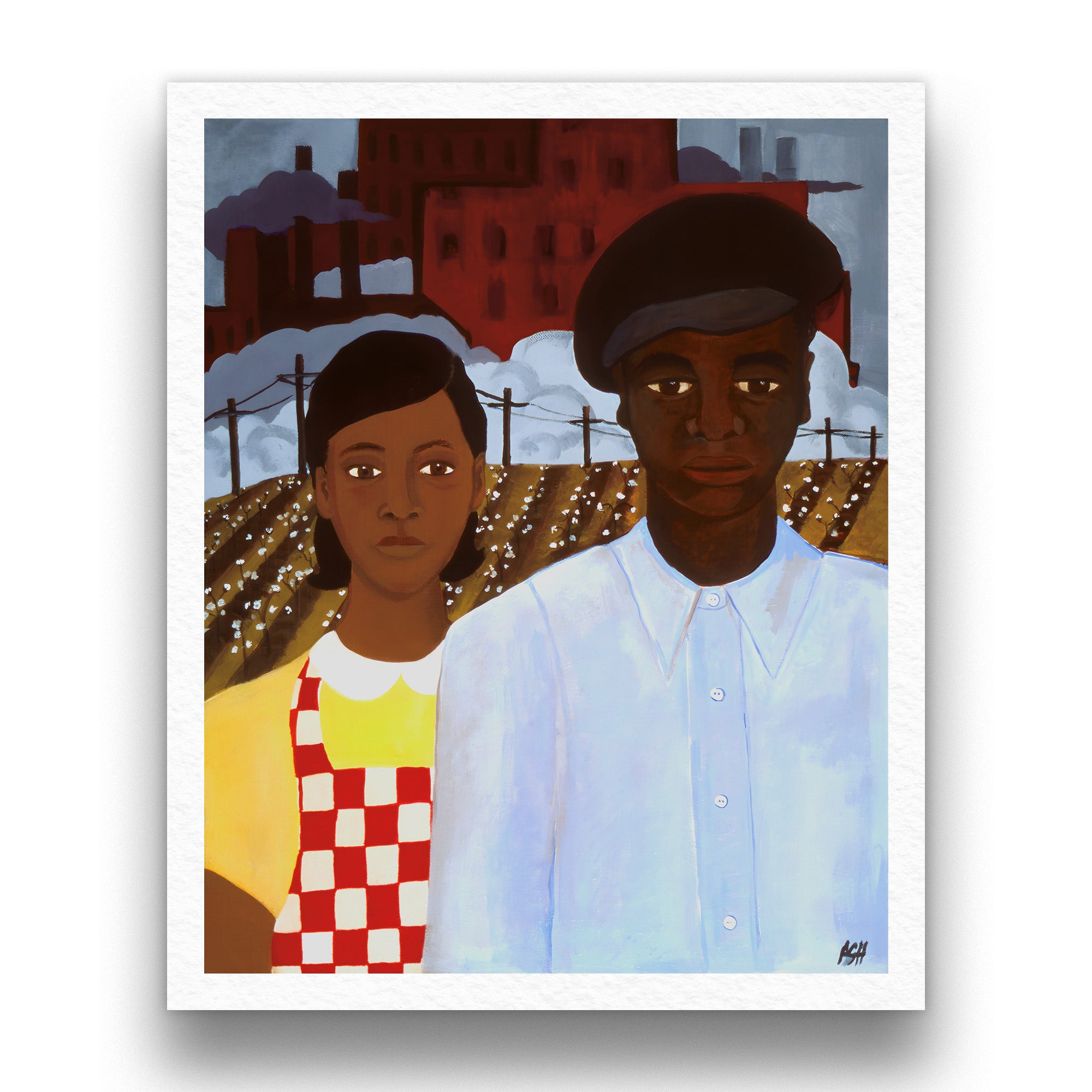 American Gothic Revisited by Antionette Simmons Hodges - African American couple standing before industrial urban landscape with cotton fields