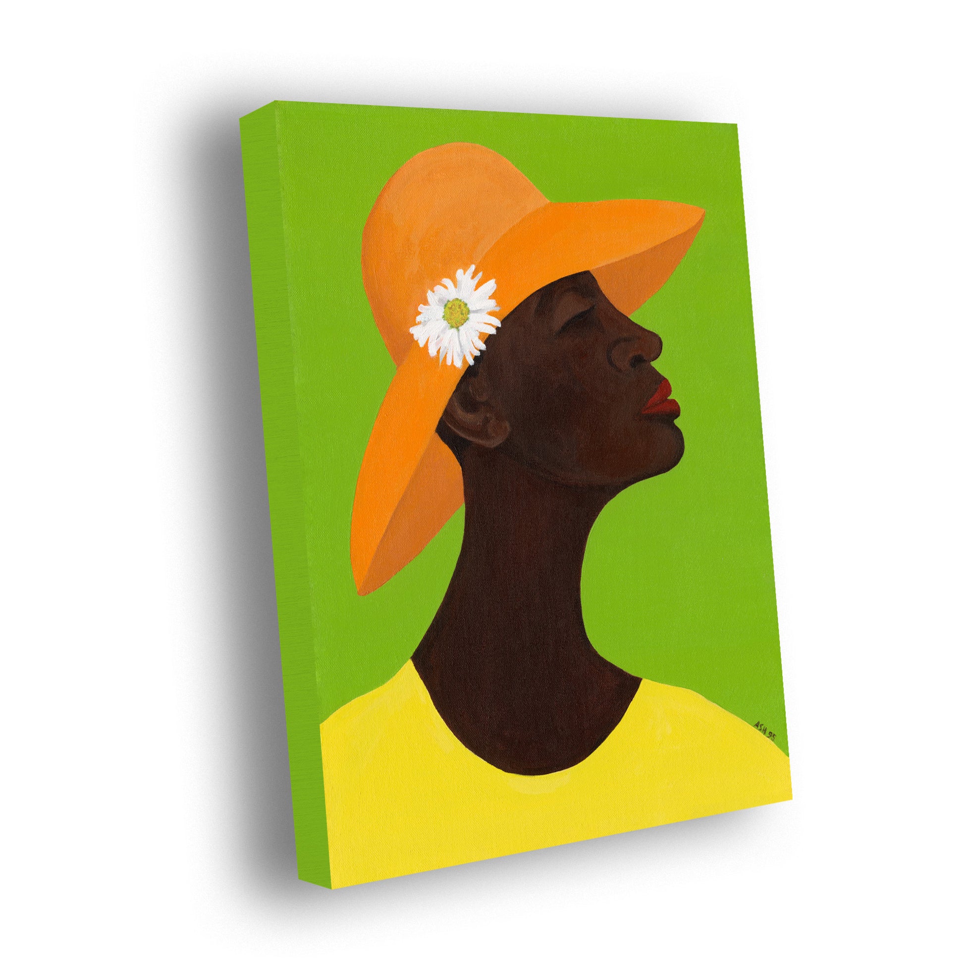 Stretched canvas print titled 'Annabelle's New Hat' by Antionette Simmons Hodges. The artwork depicts Annabelle, an African American woman in a bright yellow garment and orange sun hat with a white daisy. Her chocolate brown skin is rendered in bold, minimalist strokes against a green background, celebrating the cultural tradition of stylish hats and exuding sophistication.