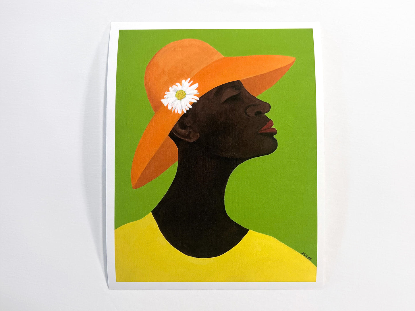 Giclee Print Annabelle's New Hat depicting dark skinned African American woman in an Orange hat with a daisy on it.