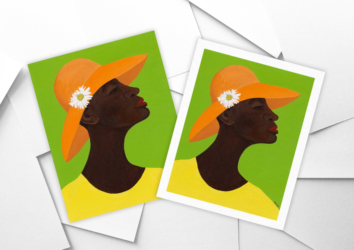 Giclee Black art print 'Annabelle's New Hat': African American woman in yellow garment, orange hat with daisy, against green background