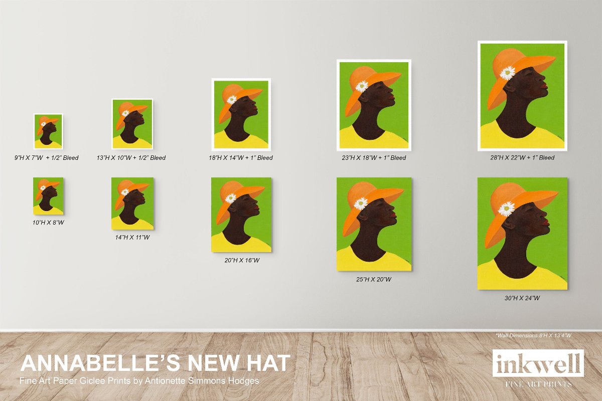 Giclee art print 'Annabelle's New Hat': African American woman in yellow outfit and orange hat with daisy, against green, showing 10 available sizes