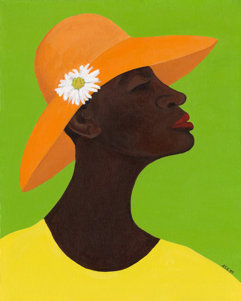 Giclee art print 'Annabelle's New Hat': African American woman in a yellow outfit, wearing an orange sun hat with a daisy, set against a green backdrop