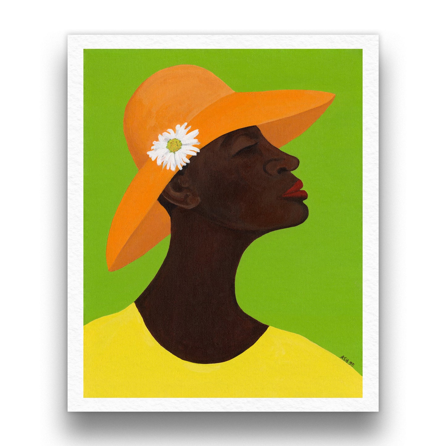 Black art print 'Annabelle's New Hat' by Antionette Simmons Hodges. Features an elegant profile of an African American woman in a vibrant orange sun hat with a white daisy, set against a vivid green background, celebrating cultural elegance