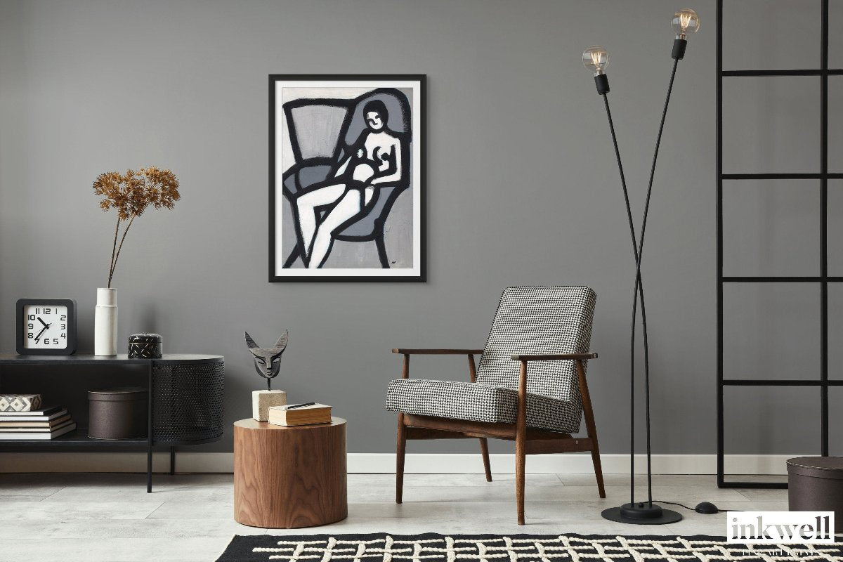 'The Model' artwork: Stylized depiction of an elongated female figure in a chair, with thick brushstrokes and a monochromatic palette, embodying modern expressionism.