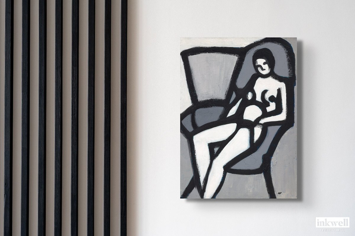 'The Model' canvas print: Black and white depiction of a stylized female seated figure, with dynamic brushwork and a bold, modern aesthetic.