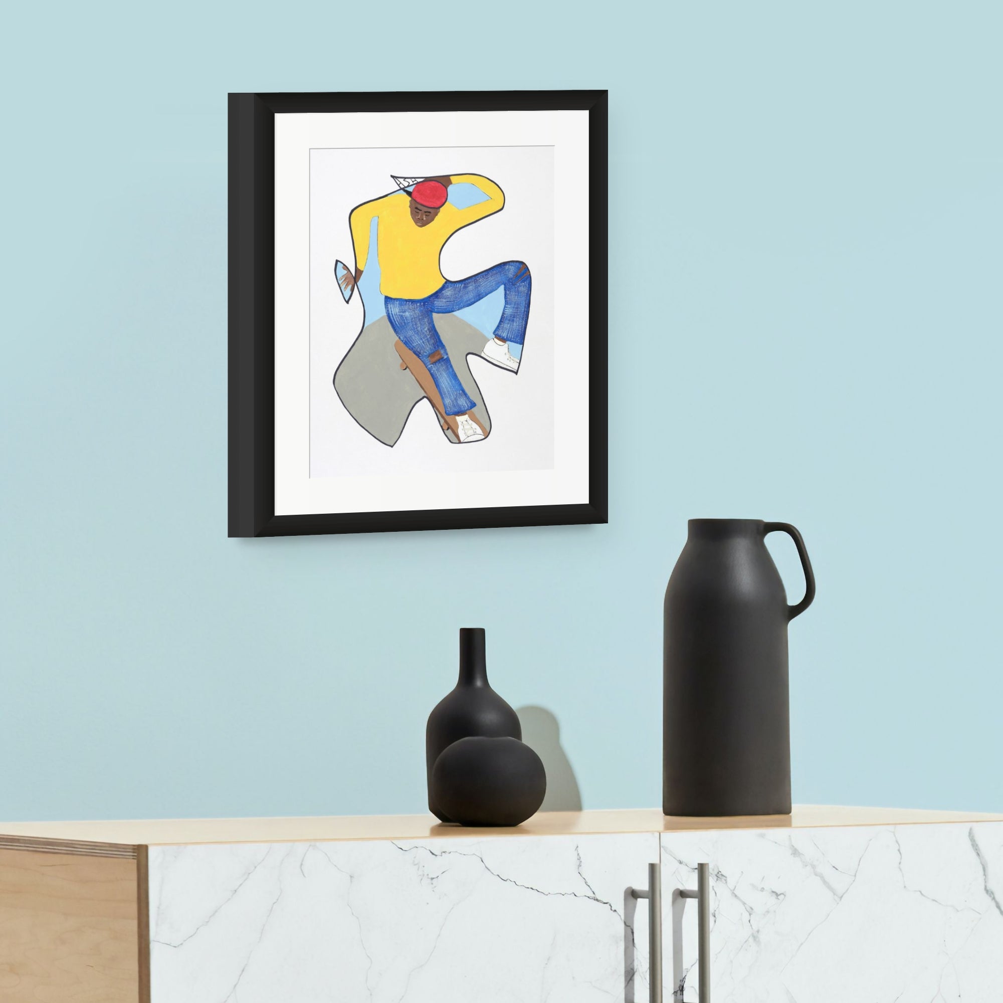 Betcha Can't Do This continuous line skateboard art print in black frame by Antionette Simmons Hodges