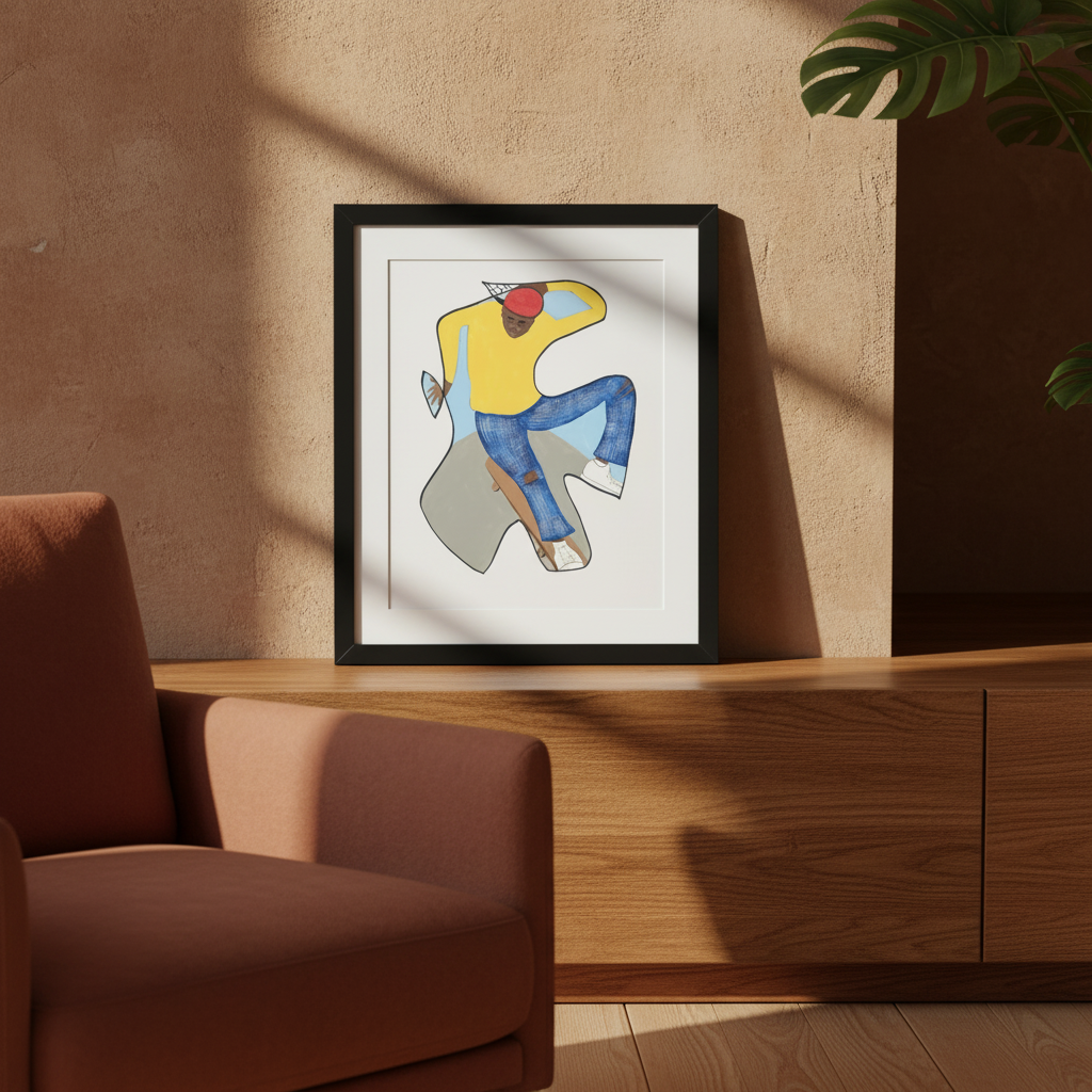 Betcha Can't Do This skateboard print framed above a credenza in an earth-tone room — Black art for youth