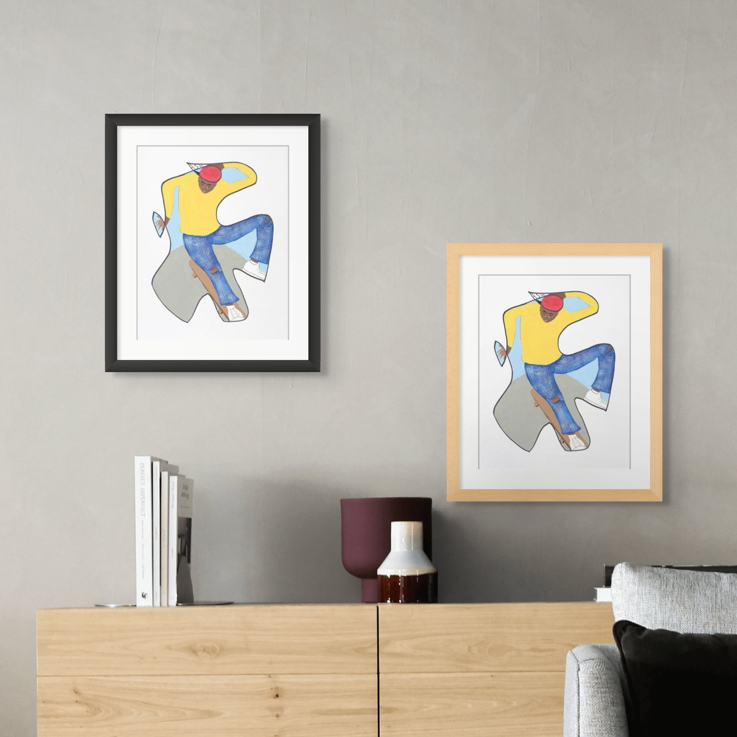 Betcha Can't Do This skateboard print, artwork framed in black and oak wood