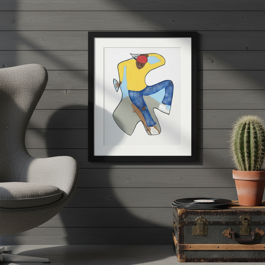 Betcha Can't Do This skateboard print framed on an industrial loft wall, close-up — Black art for youth