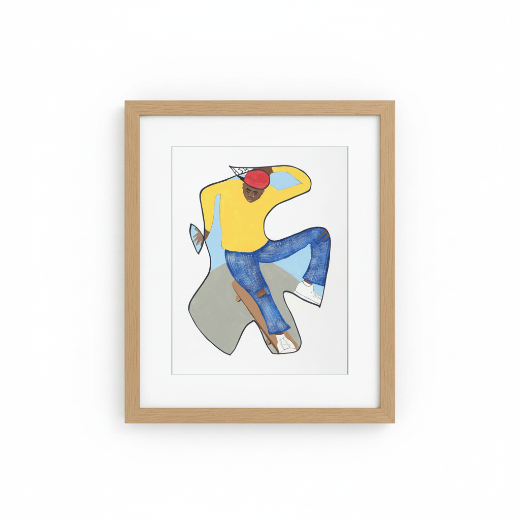 Betcha Can't Do This skateboard print in oak frame, studio shot — Black art for youth