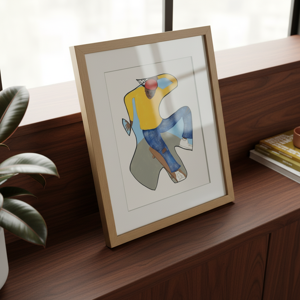 Betcha Can't Do This skateboard print in oak frame above a window sill — Black art for youth