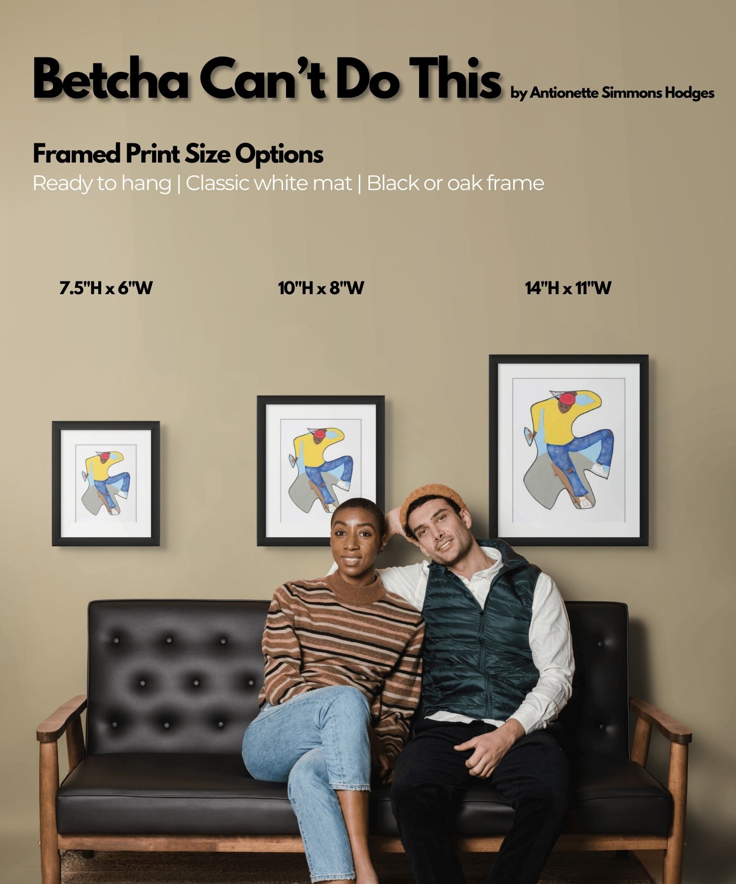 Betcha Can't Do This skateboard print, 3 sizes of artwork hung on wall for scale
