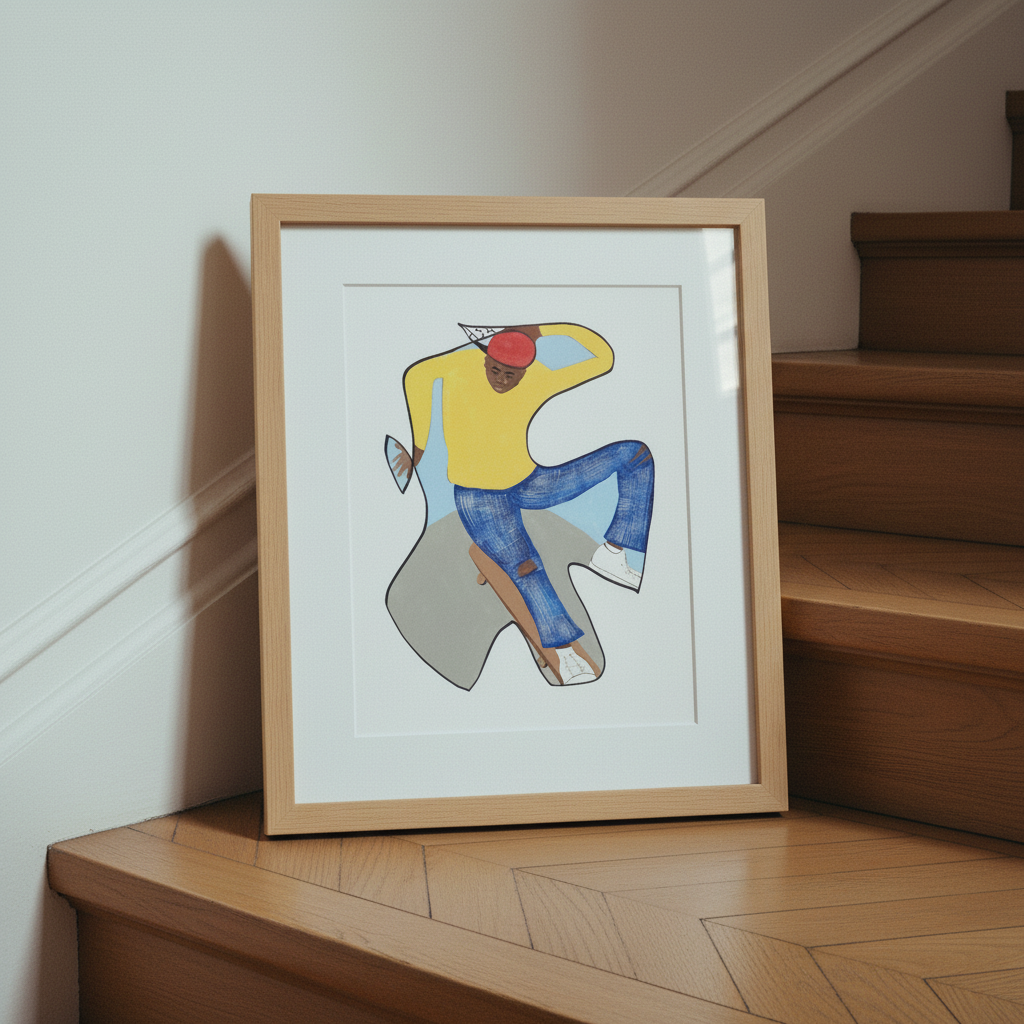 Betcha Can't Do This skateboard print framed on a staircase wall, low angle view — Black art for youth