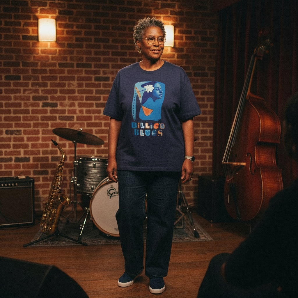 Billie's Blues navy tee flatlay — included in The Billie's Blues Set — Art Is Power Vol. I | Inkwell Fine Art Prints