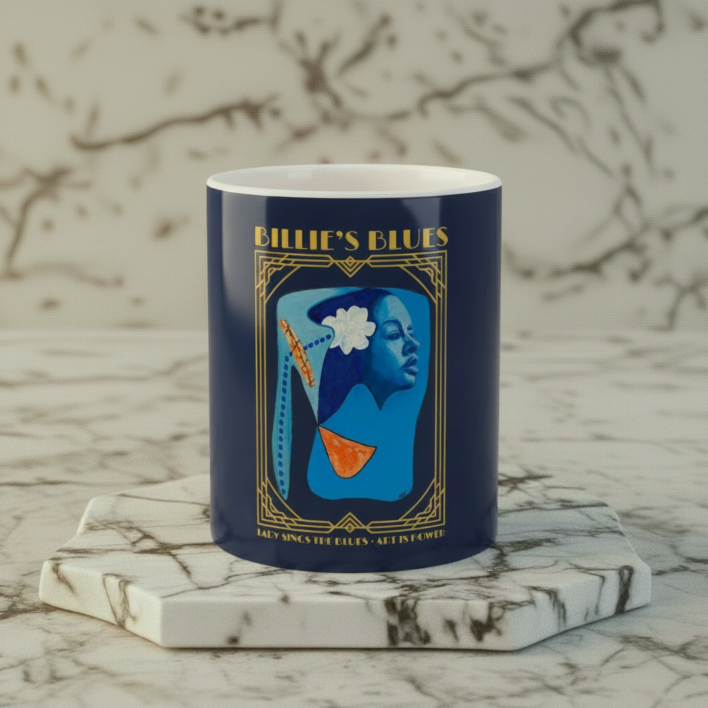 Billie Holiday Art Deco ceramic mug front view on marble riser — Art Is Power Vol. I by Inkwell Fine Art Prints