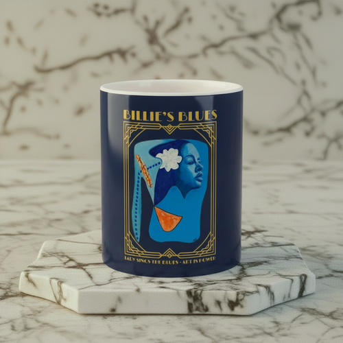 Billie Holiday Art Deco ceramic mug front view on marble riser — Art Is Power Vol. I by Inkwell Fine Art Prints