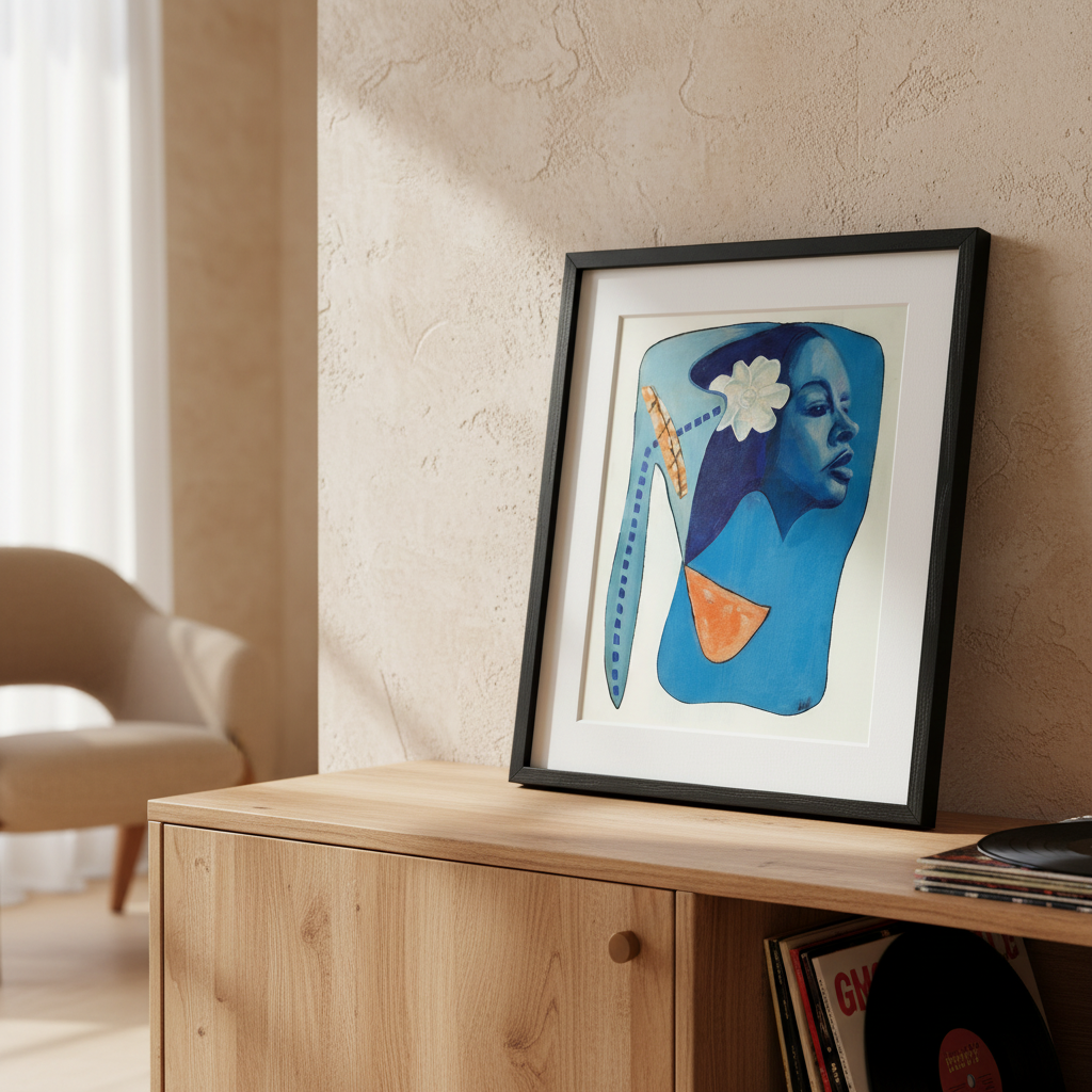 Billie's Blues continuous line print in black frame, interior close-up — Billie Holiday jazz art