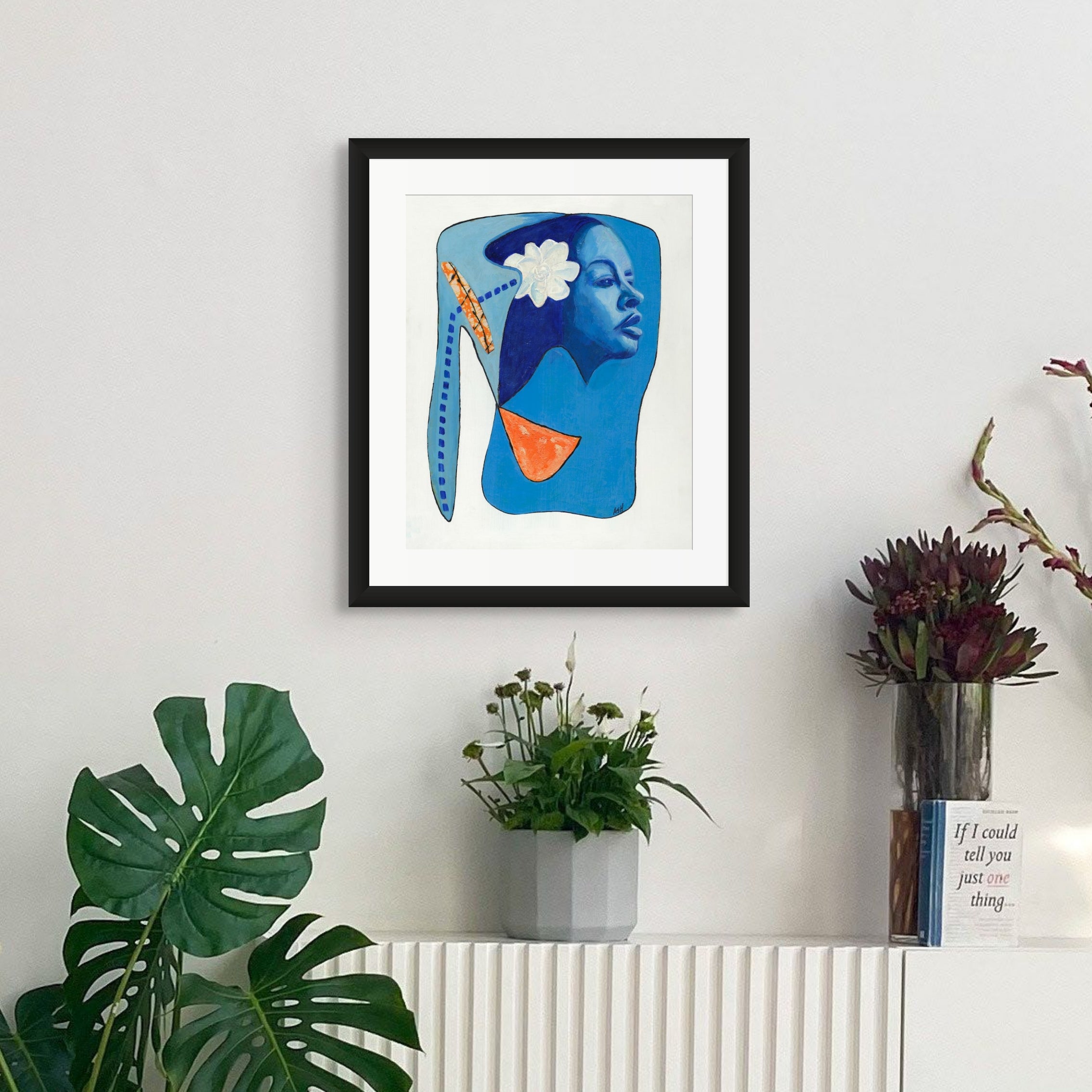 Billie's Blues continuous line art print in black frame — Billie Holiday jazz art by Antionette Simmons Hodges