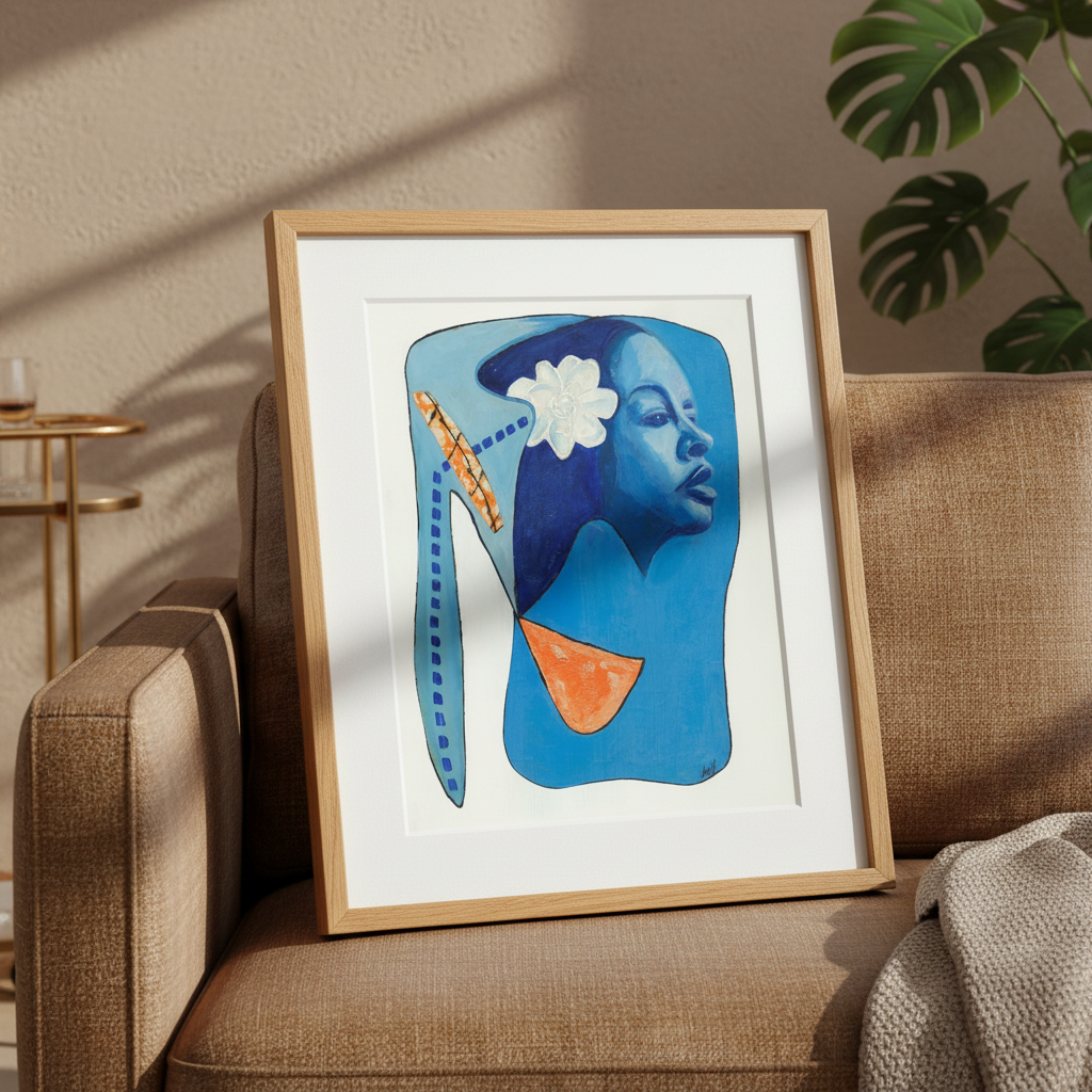 Billie's Blues continuous line print in oak frame, close-up on a sofa — Billie Holiday jazz art