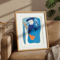 Billie's Blues continuous line print in oak frame, close-up on a sofa — Billie Holiday jazz art