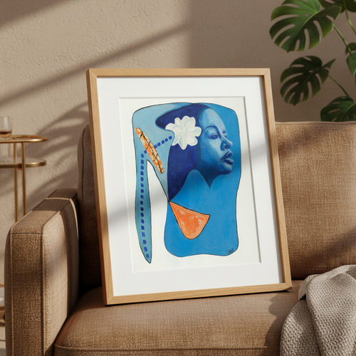 Billie's Blues continuous line print in oak frame, close-up on a sofa — Billie Holiday jazz art