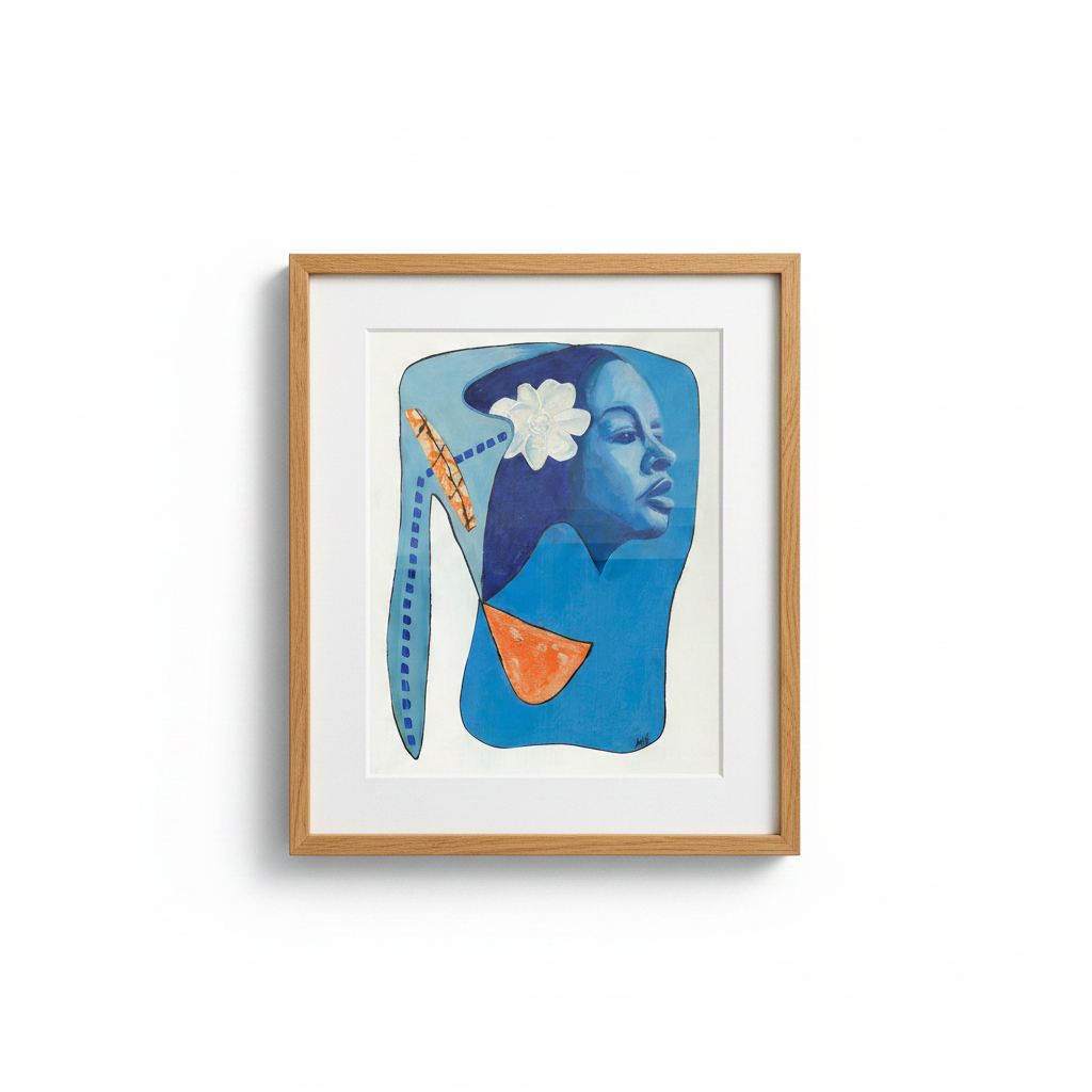 Billie's Blues continuous line print in oak frame, studio shot — Billie Holiday jazz art