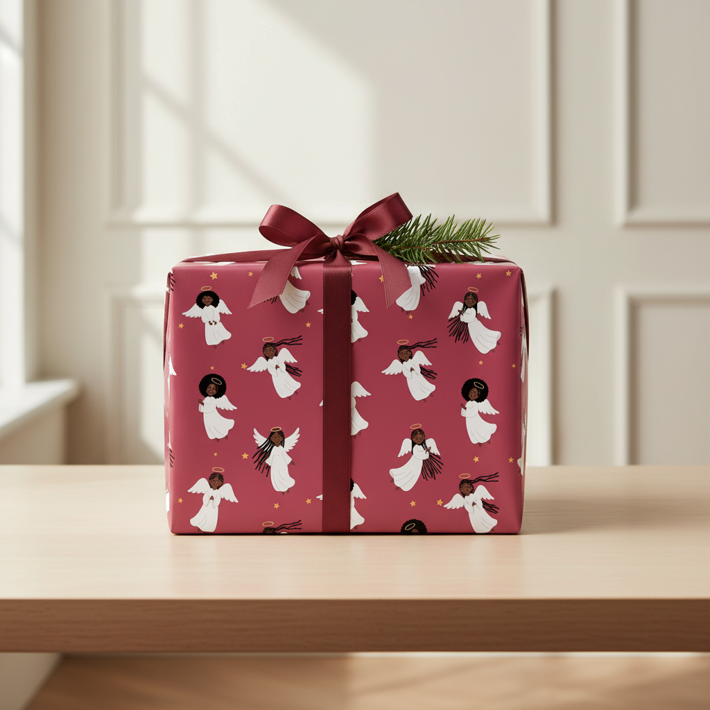 Black Angels wrapping paper, Burgundy Rose, gift on table