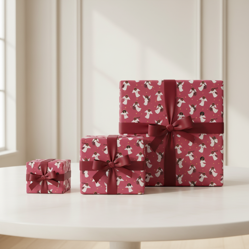 Black Angels wrapping paper, Burgundy Rose, gift table