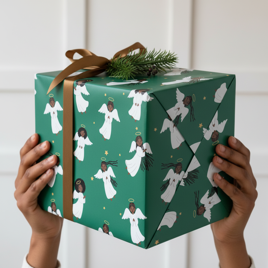 Black Angels wrapping paper, Evergreen, close-up