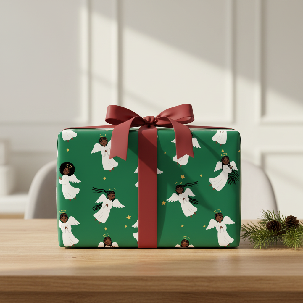 Black Angels wrapping paper, Evergreen, gift on table