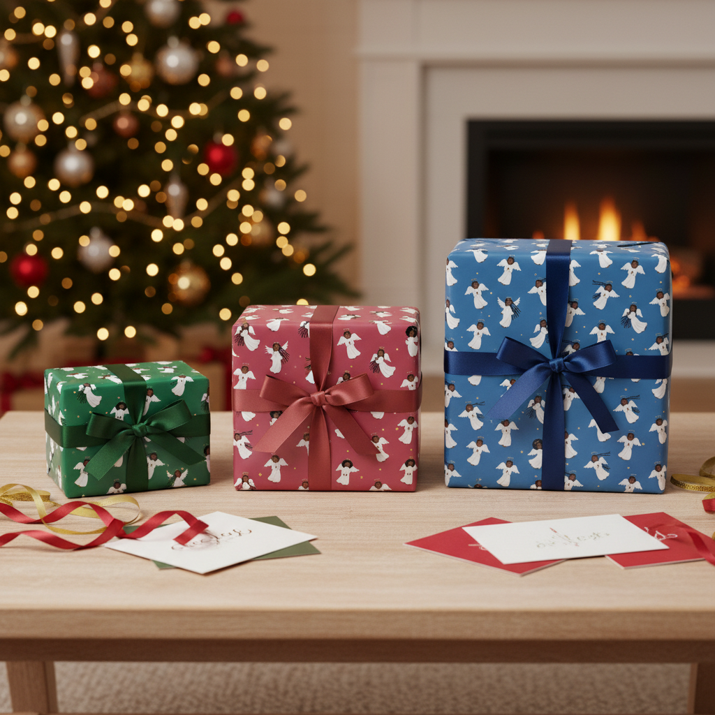 Black Angels Christmas gift wrap, lifestyle photo