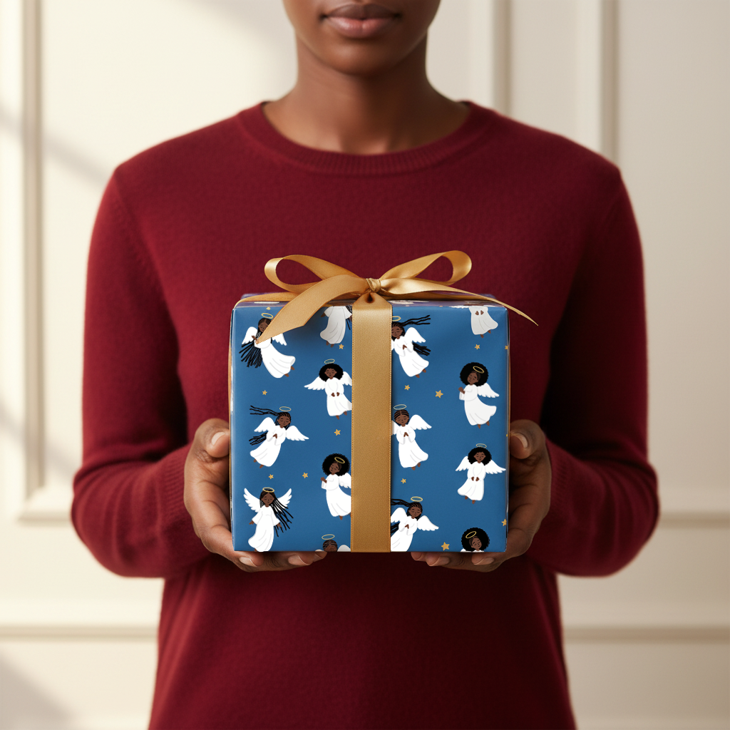 Black Angels Christmas gift wrap, lifestyle photo