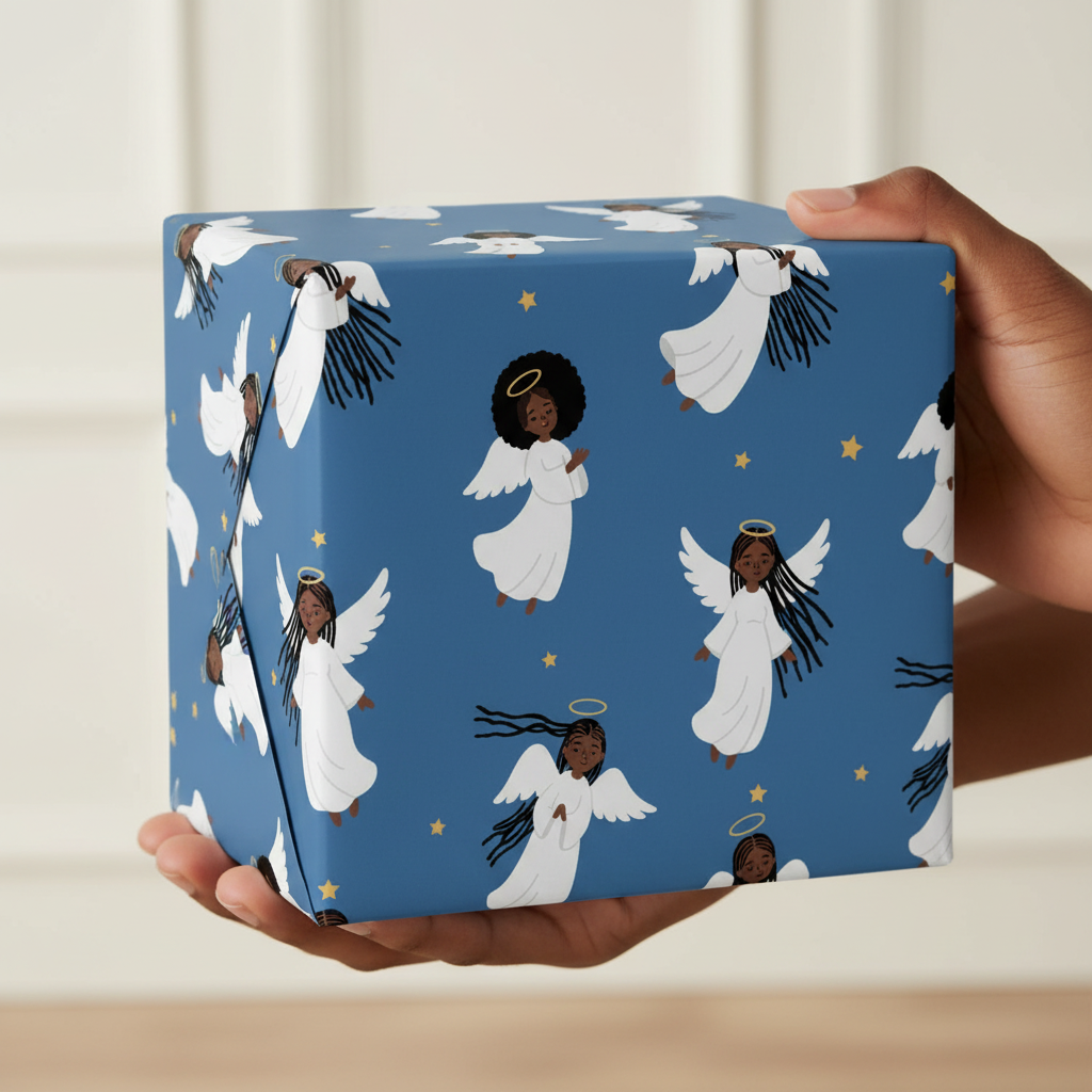 Black Angels Christmas gift wrap, lifestyle photo