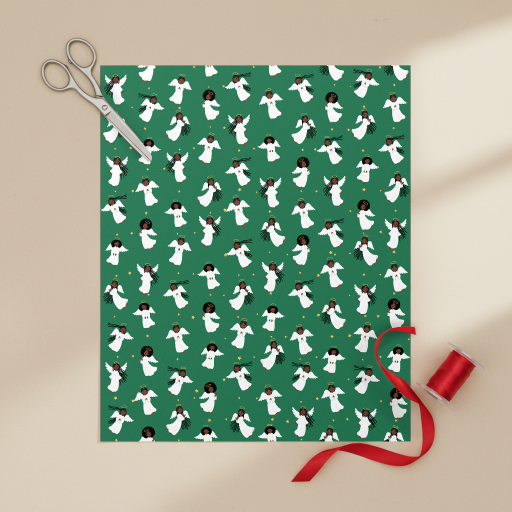 Black Angels Christmas gift wrap, lifestyle photo