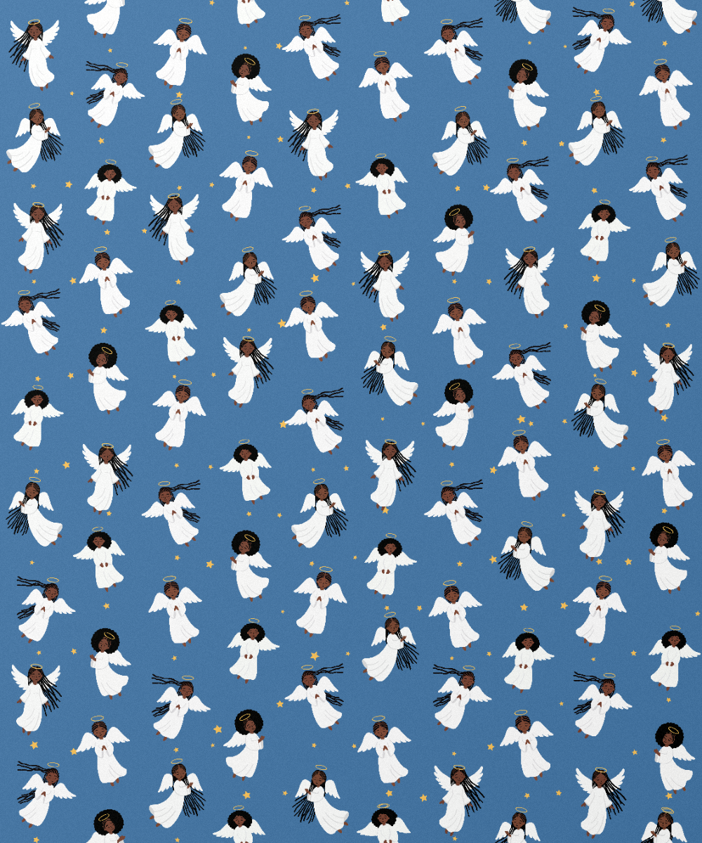 Black Angels Christmas gift wrap, pattern close-up