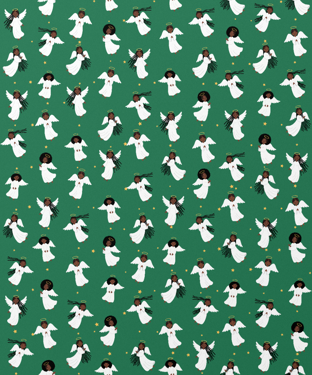 Black Angels Christmas gift wrap, pattern close-up