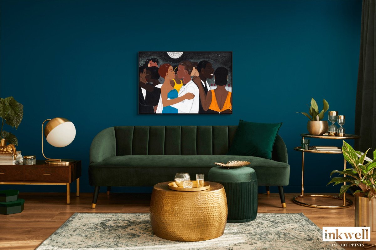 Black Tie Affair Framed Stretched Canvas Print depicts  Black couple in blue and yellow dress and white suit, amidst elegantly dressed figures against a monochromatic background. print is pictured above a sofa