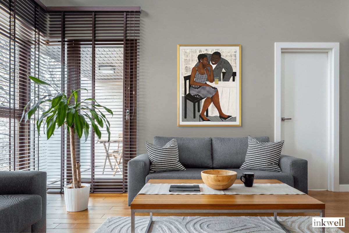 The Conversation' fine art print on paper: Showcases a Black couple engaged in conversation, with the woman's bold fashion and the man's engaging presence, against a detailed, warm-toned backdrop. shown in an apartment above a grey love seat