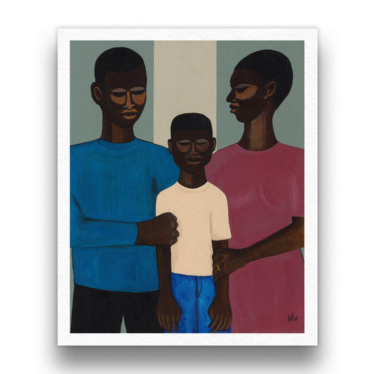 Black art print 'The Family' by Antionette Simmons Hodges. Depicts two adults and a child in a stylized manner, with simplified features and muted tones, symbolizing family unity and resilience amid historical challenges.