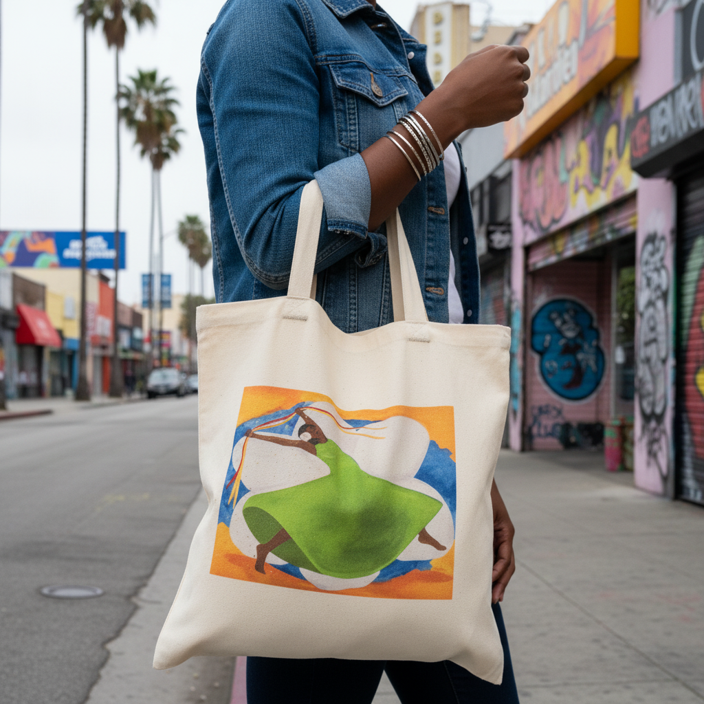 Model carrying Carnival art tote bag — wearable Black joy art by Antionette Simmons Hodges