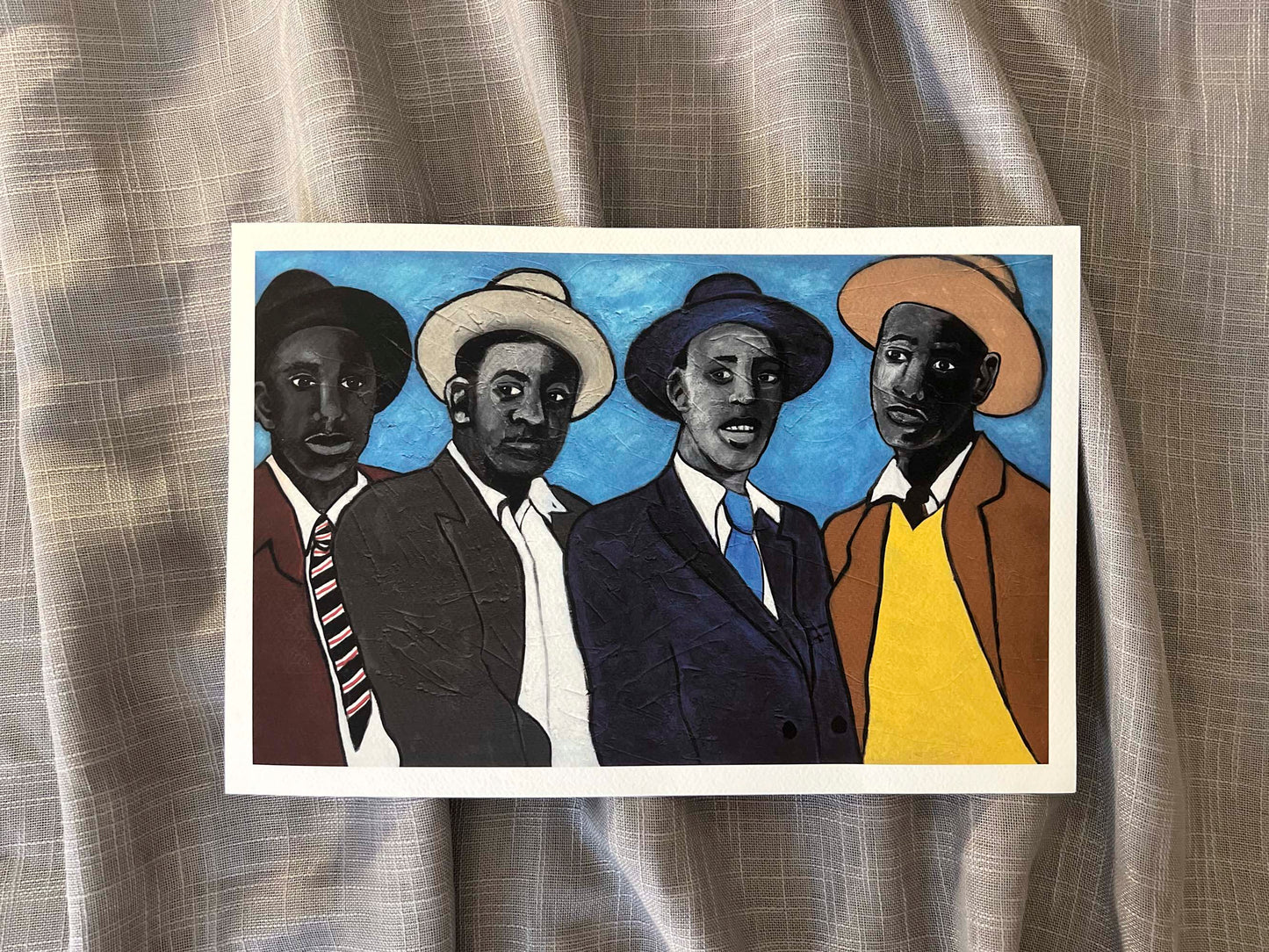 Four Guys Art Print on Gray Fabric