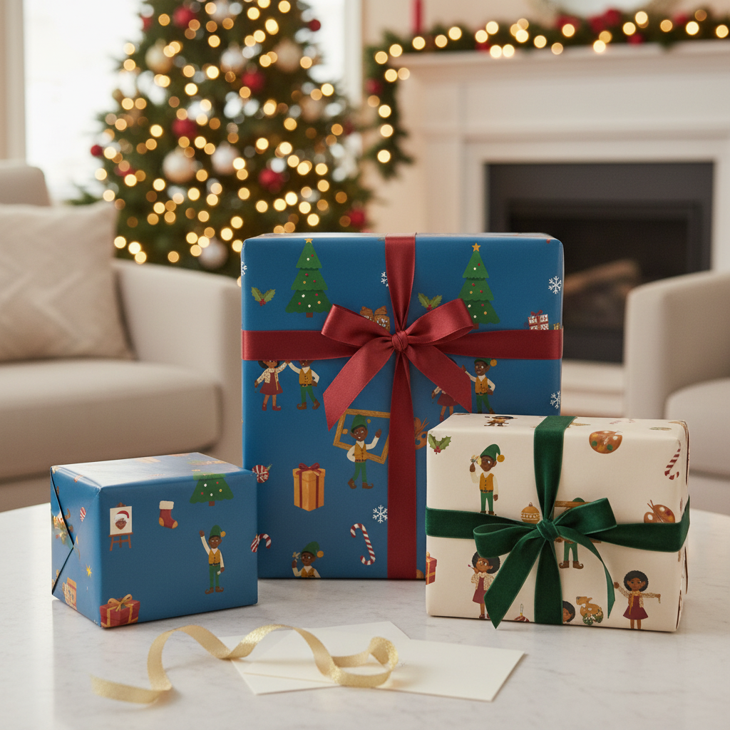 Black Christmas Elves Ellis & Noelani gift wrapping paper, all colorways, lifestyle photo