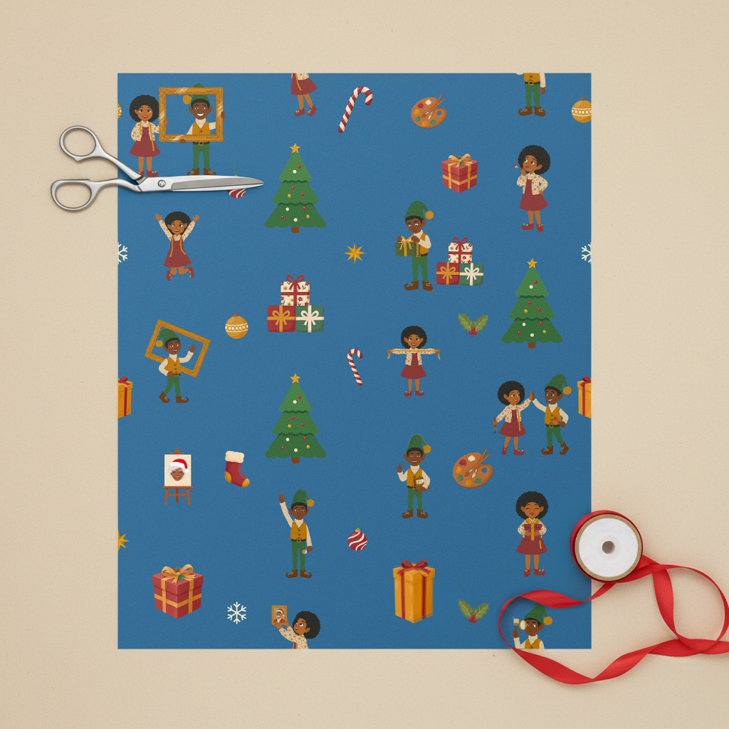 Black Christmas Elves Ellis & Noelani gift wrapping paper, all colorways, lifestyle photo