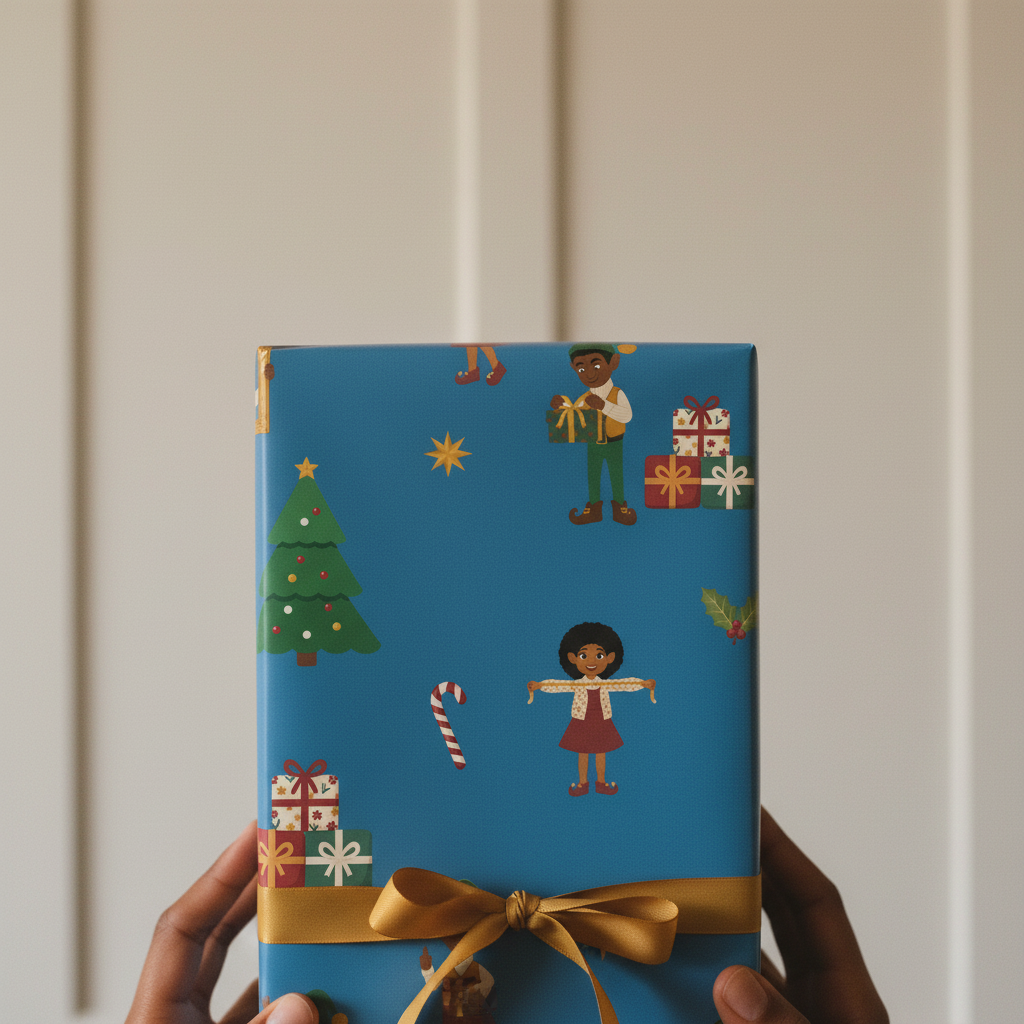 Black Christmas Elves Ellis & Noelani gift wrapping paper, all colorways, lifestyle photo